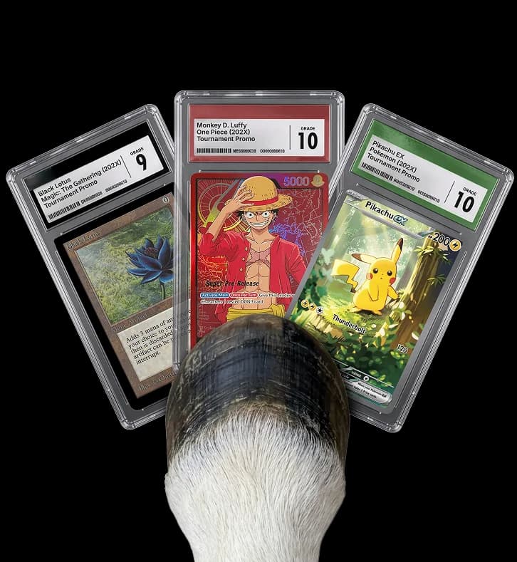 Three CGC-graded trading cards over a horse motif