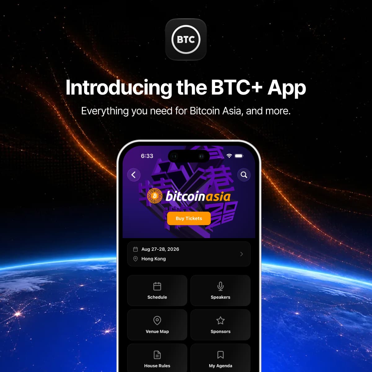 BTC+ App preview showing the Bitcoin Asia event app on a smartphone