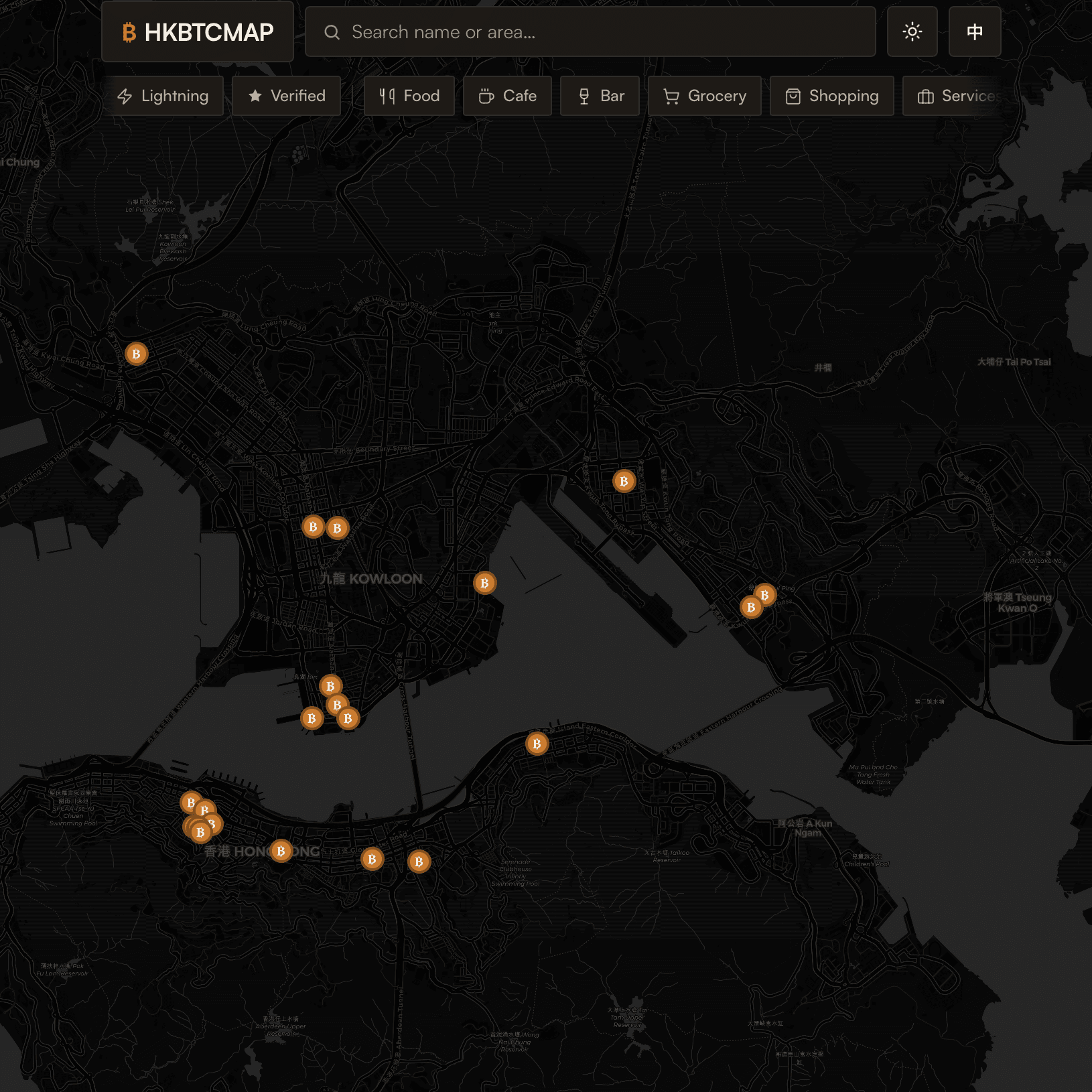 HKBTCMAP showing businesses across Hong Kong that accept Bitcoin and Lightning payments