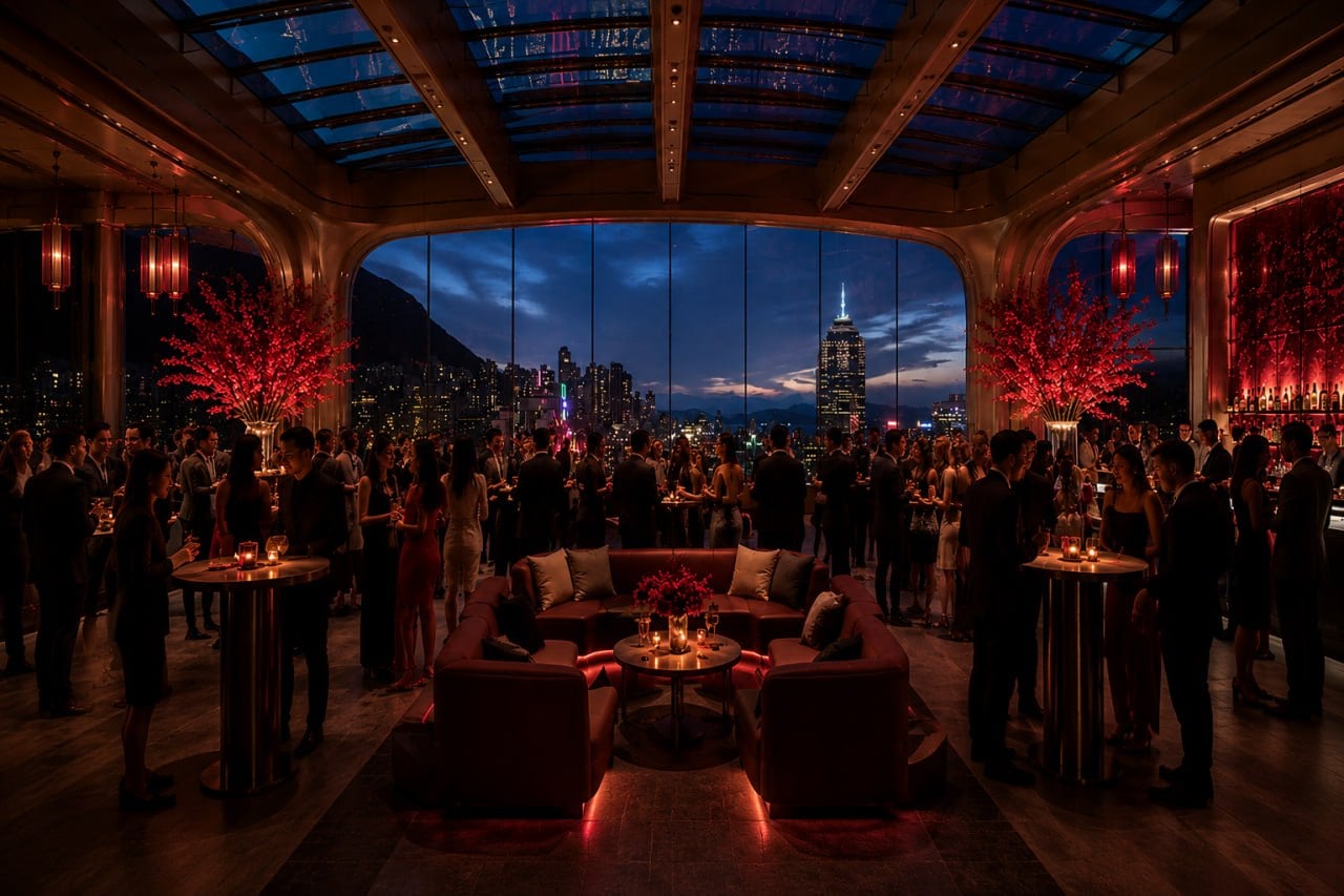 Elegant rooftop cocktail lounge overlooking the Hong Kong skyline